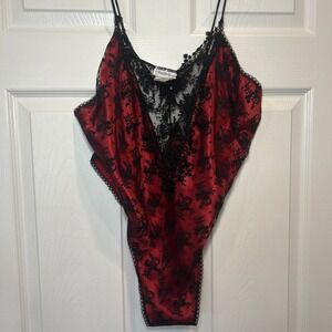 Vintage Sak's Fifth Avenue Mara Intimates Red Satin Black Lace Lingerie Bodysuit